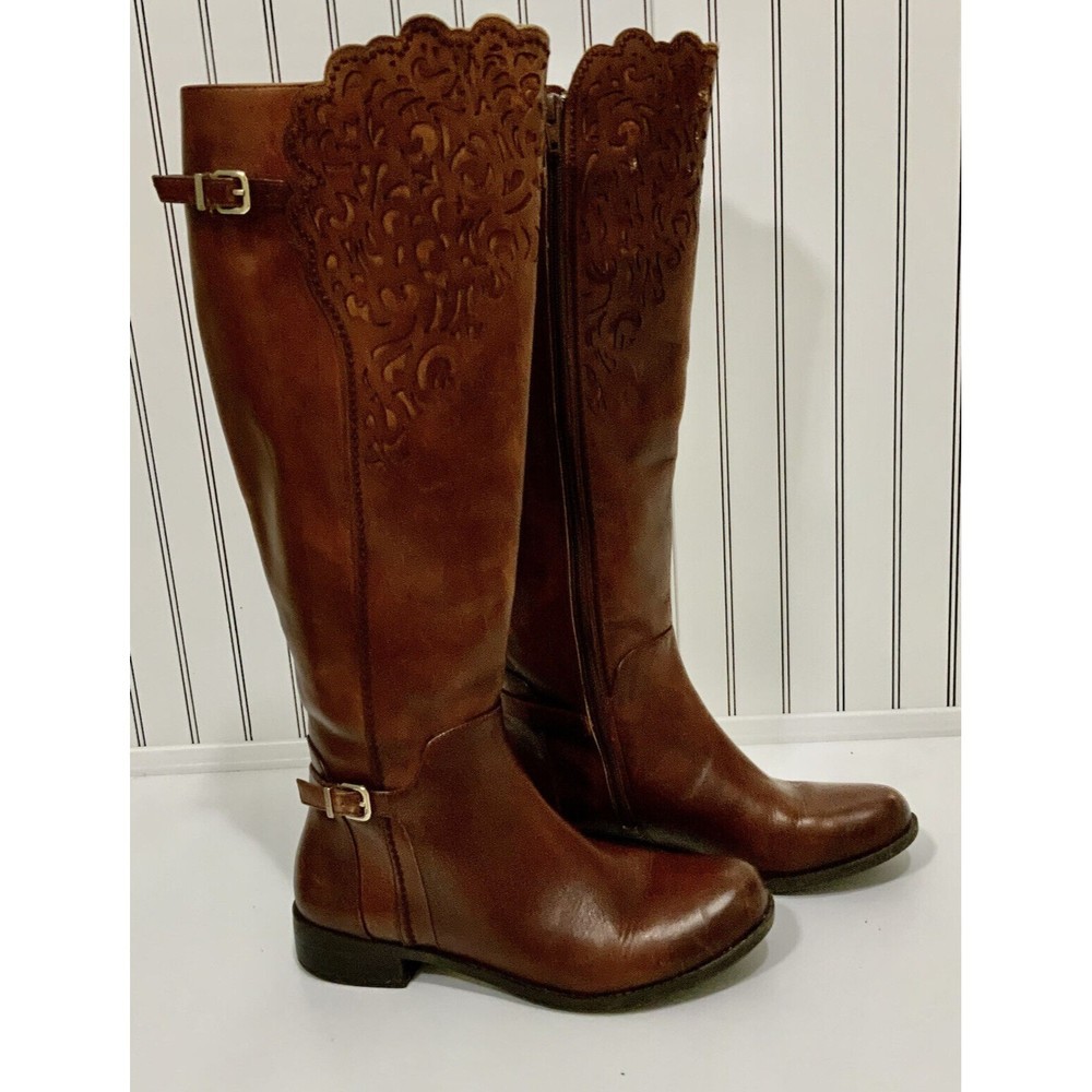 Gianni Bini Womens Brown Leather Knee High Tall Boots 6.5 Laser Cut Out Design